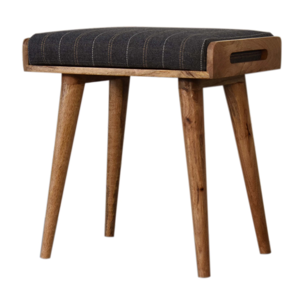 Solid Oak Finished Mango Wood Scandinavian Style Pewter Tweed Tray Footstool - Image 2