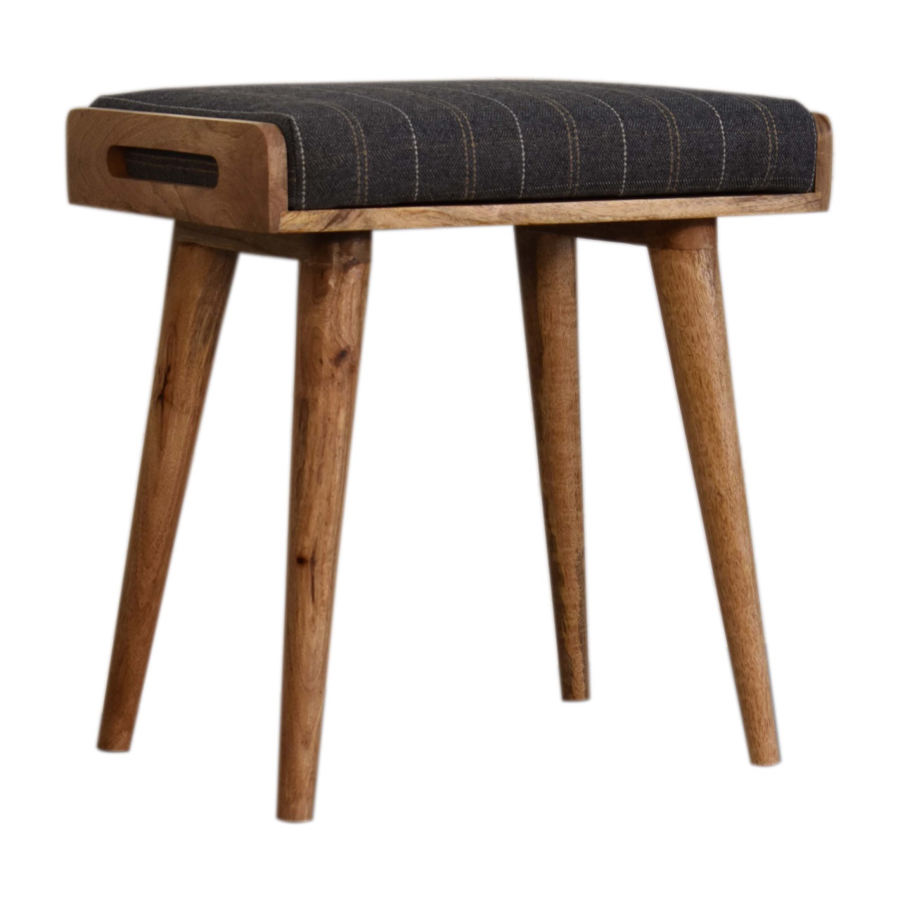 Solid Oak Finished Mango Wood Scandinavian Style Pewter Tweed Tray Footstool - Image 3