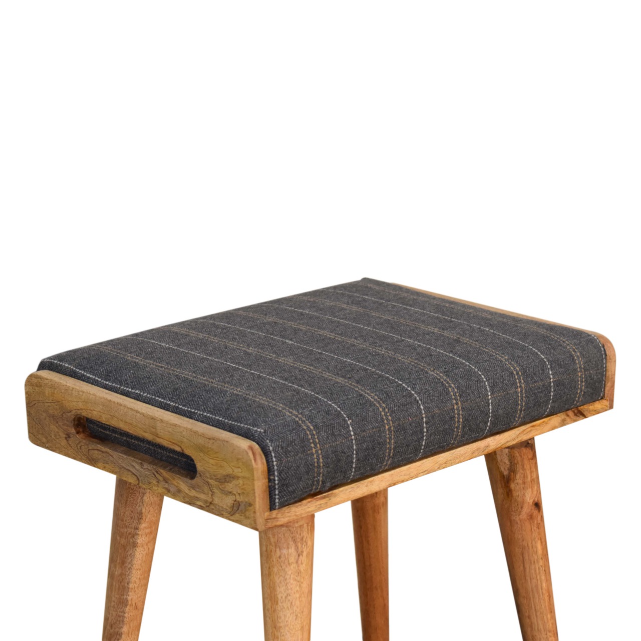 Solid Oak Finished Mango Wood Scandinavian Style Pewter Tweed Tray Footstool - Image 4