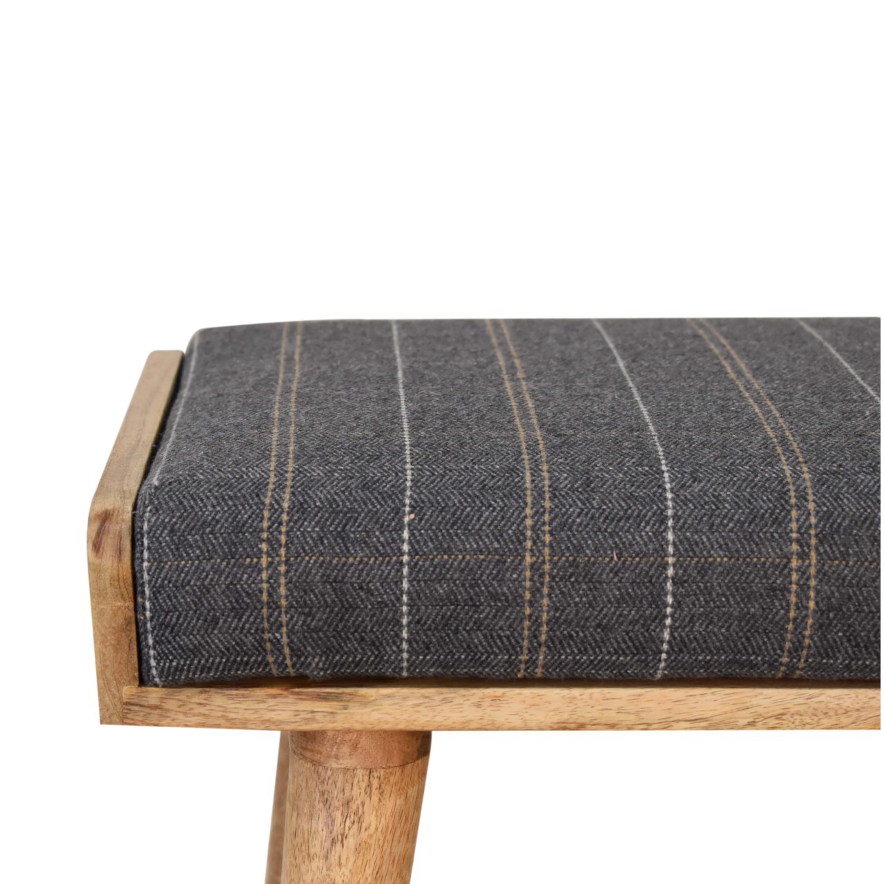 Solid Oak Finished Mango Wood Scandinavian Style Pewter Tweed Tray Footstool - Image 5