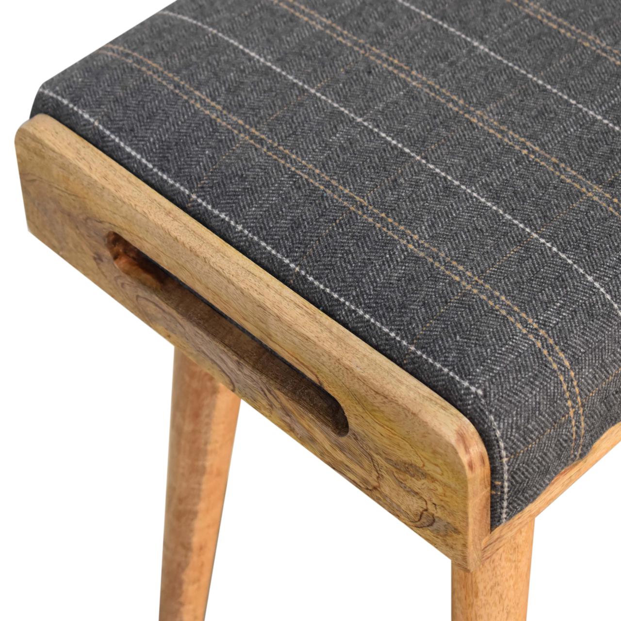 Solid Oak Finished Mango Wood Scandinavian Style Pewter Tweed Tray Footstool - Image 6