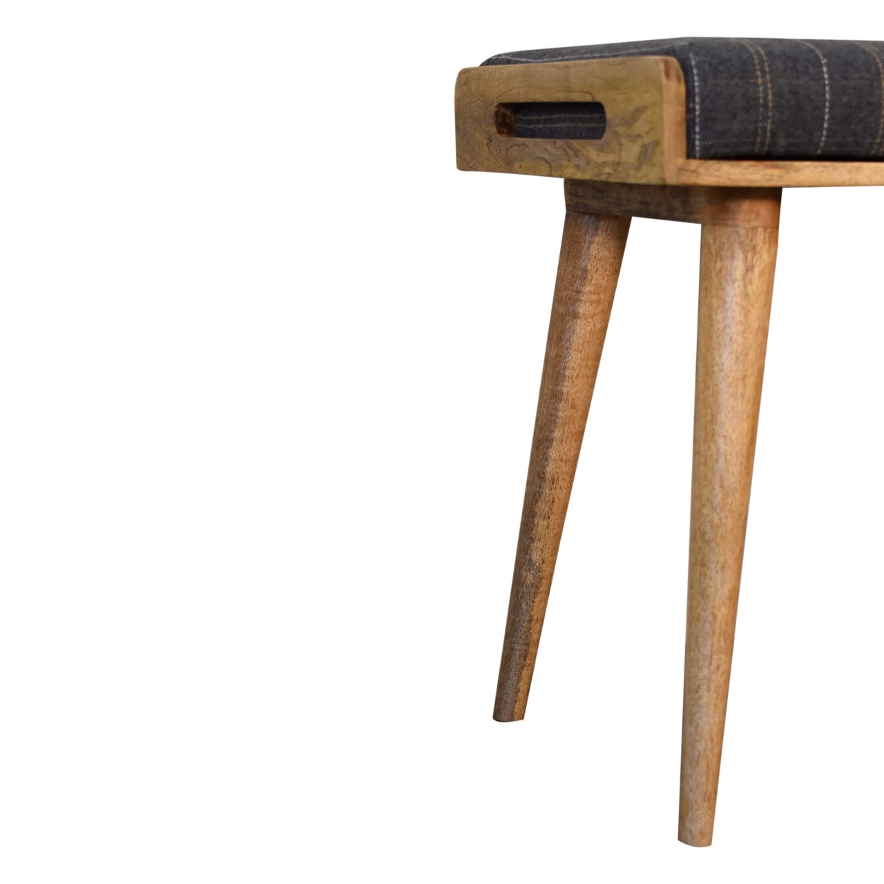 Solid Oak Finished Mango Wood Scandinavian Style Pewter Tweed Tray Footstool - Image 7