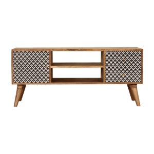 Solid Mango Wood Oak Finished + Black and White Screen Valentina Printed 4 Drawer 2 Open Slots Media Unit