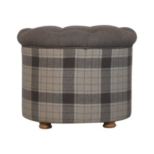 Solid Mango Wood Brown Checked Deep Button Mixed Tweed Top Pouffee