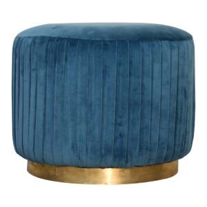 Solid Walnut Finished Mango Wood Teal Pleated Velvet with Brass Plate Stand Footstool