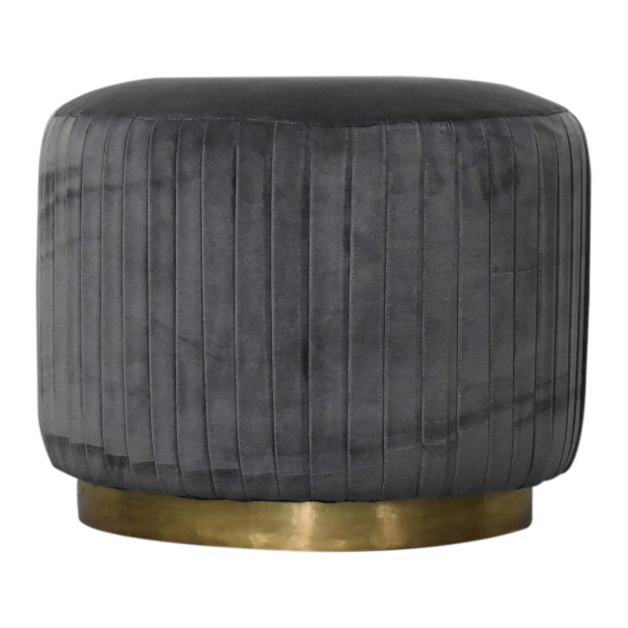 Solid Walnut Finished Mango Wood Grey Pleated Velvet with Brass Plate Stand Footstool