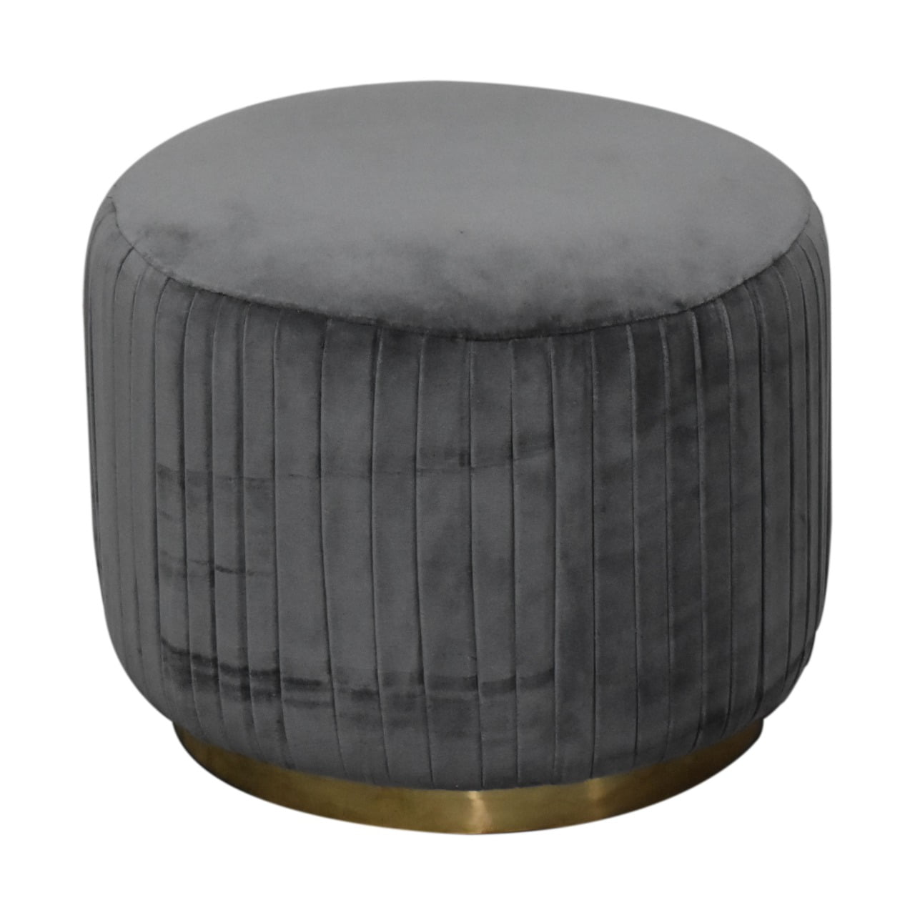 Solid Walnut Finished Mango Wood Grey Pleated Velvet with Brass Plate Stand Footstool - Image 2