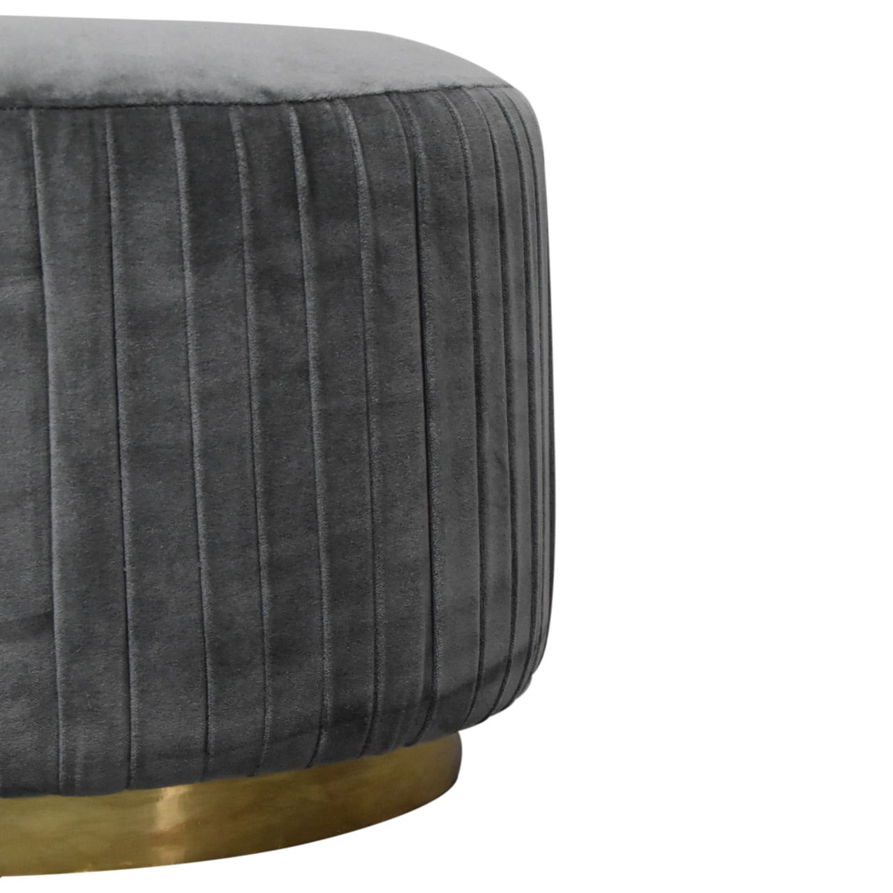 Solid Walnut Finished Mango Wood Grey Pleated Velvet with Brass Plate Stand Footstool - Image 3