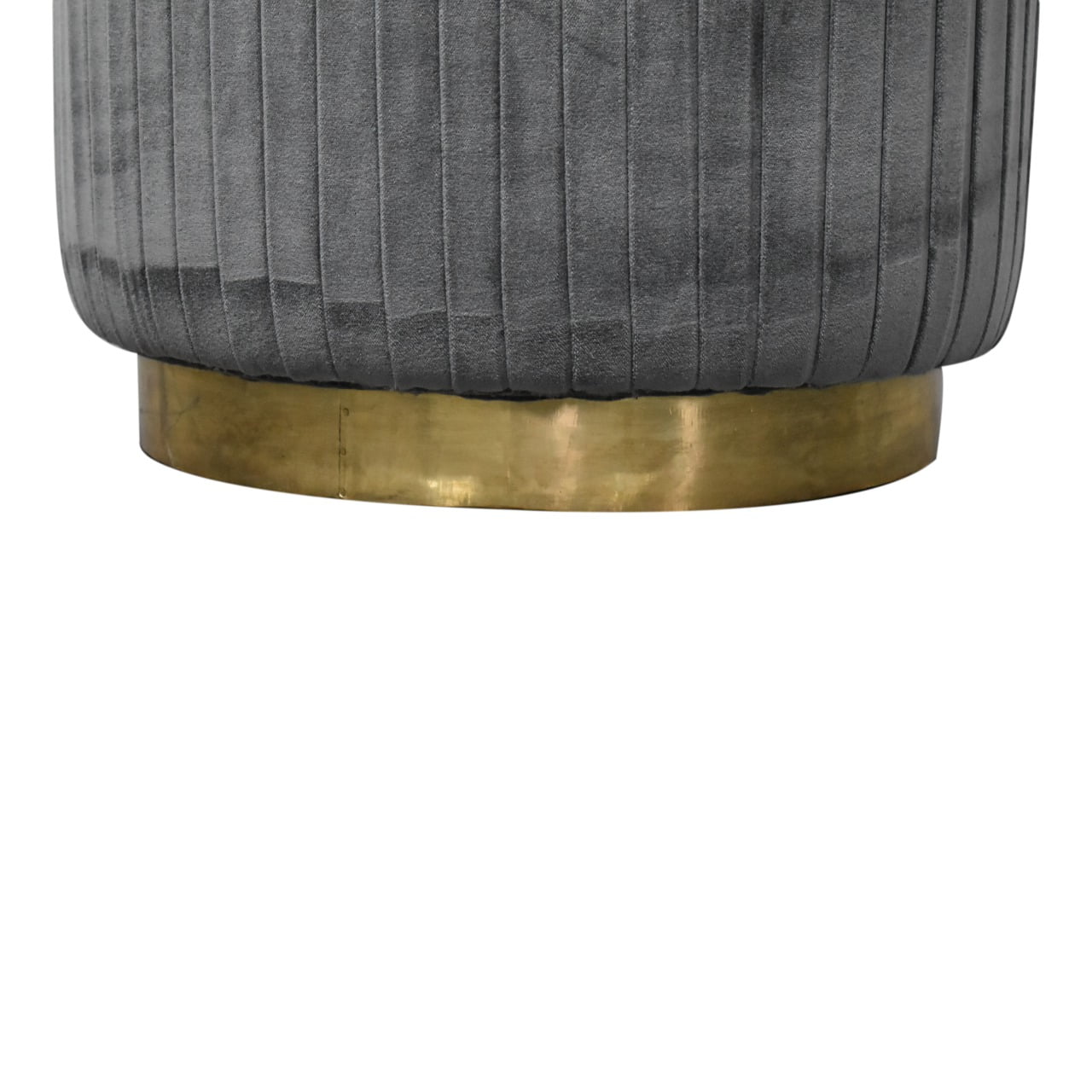 Solid Walnut Finished Mango Wood Grey Pleated Velvet with Brass Plate Stand Footstool - Image 6