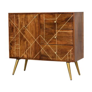 Solid Chestnut Finished Mango Wood 3 Drawer 1 Door Gold Coloured Abstract Inlay Fronted Sideboard