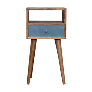 Solid Mango Wood Oak Finished Scandinavian Style Mini 1 Drawer Blue Hand Painted Bedside