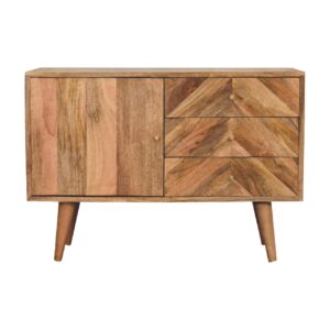 Solid Mango Wood Oak Finished Mixed Pattern Muna 3 Drawer 1 Door Sideboard