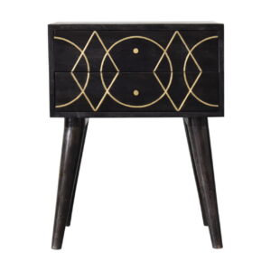 Solid Mango Wood Black Ash Finished Scandinavian Style Brass Inlay Oslo Bedside