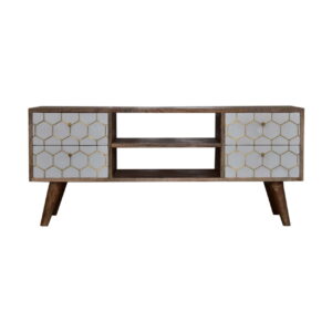 Solid Mango Wood Oak Finished + Brass Plate and Hand Painted White 4 Drawer 2 Open Slots Media Unit