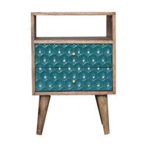 Solid Mango Wood Oak Finished Scandinavian Style Two Drawer Honeycomb Carved Teal Bedside
