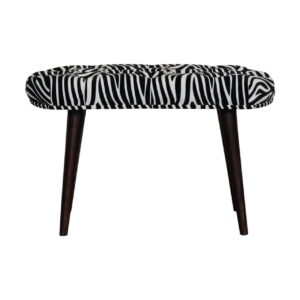 Solid Mango Wood Walnut Finished Zebra Printed Deep Button Scandinavian Style Bench