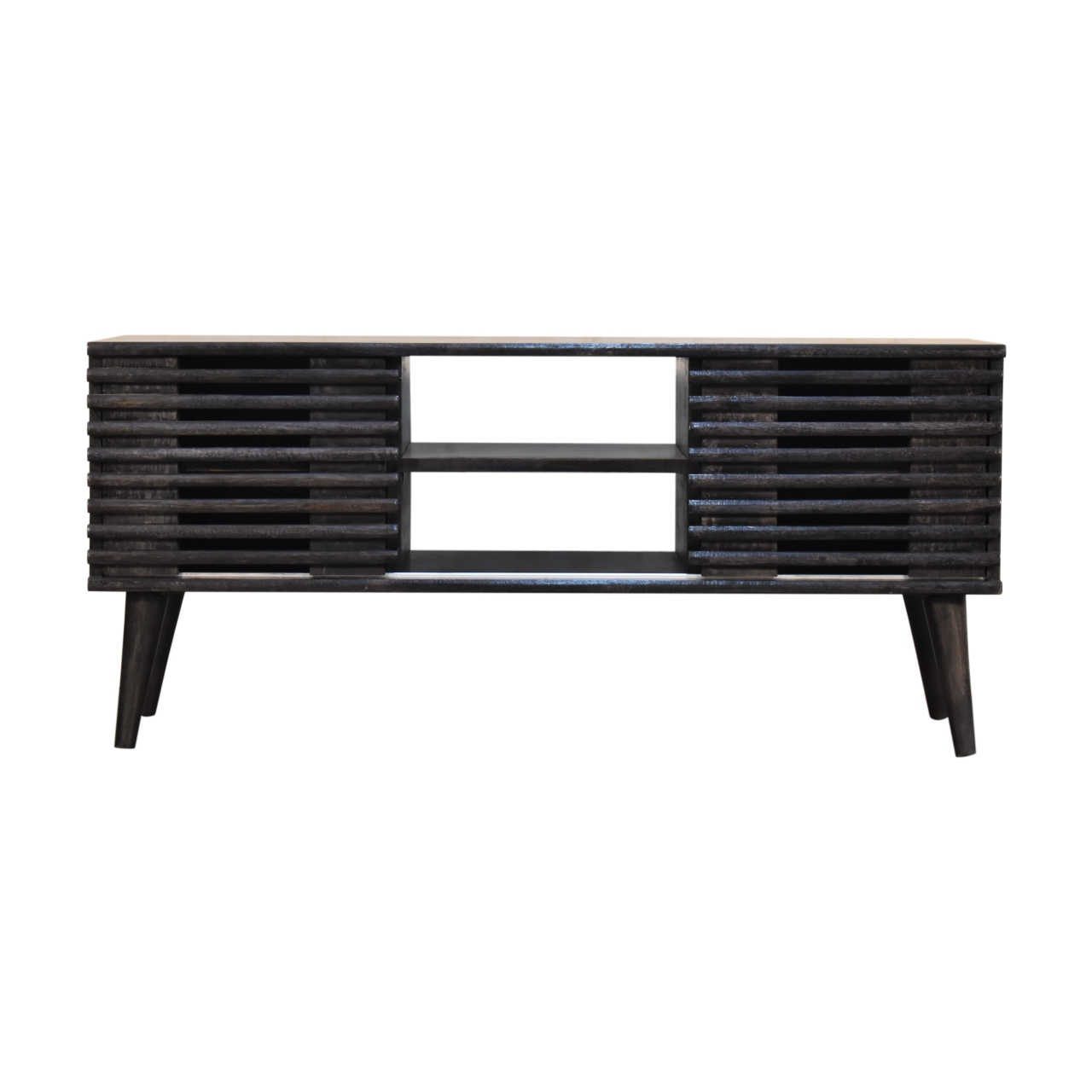 Solid Ash Black Finished Mango Wood Two Drawer Two Slots Slatted Front Kobe Console Table