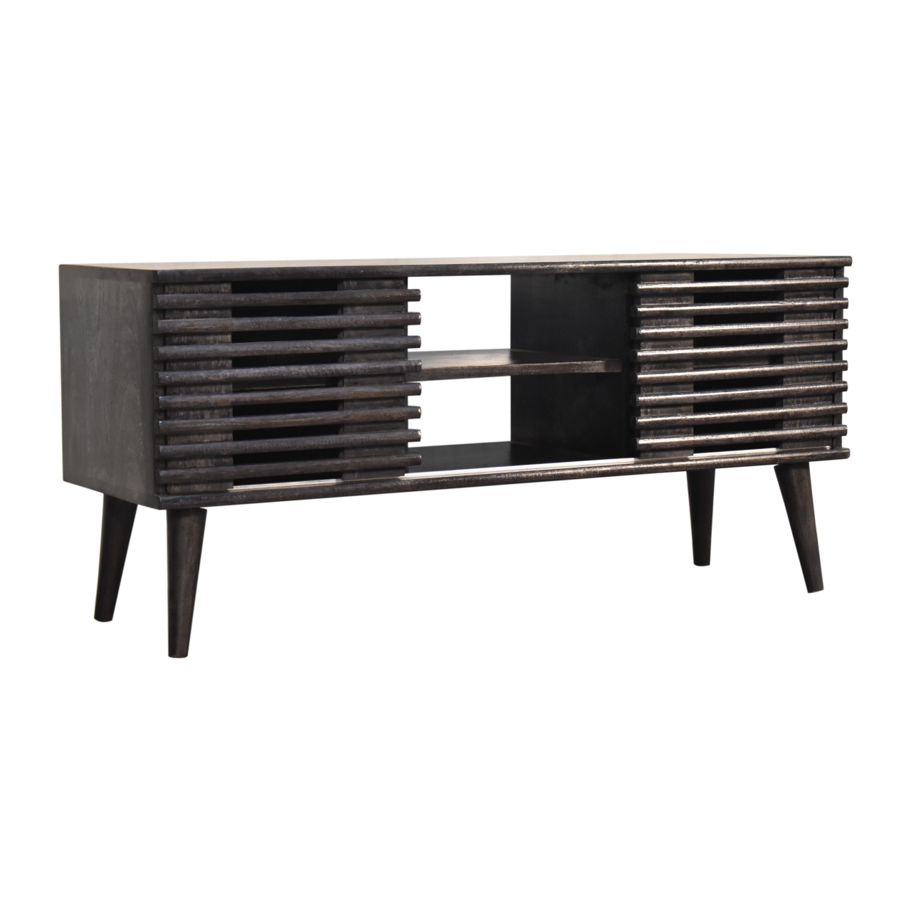 Solid Ash Black Finished Mango Wood Two Drawer Two Slots Slatted Front Kobe Console Table - Image 2