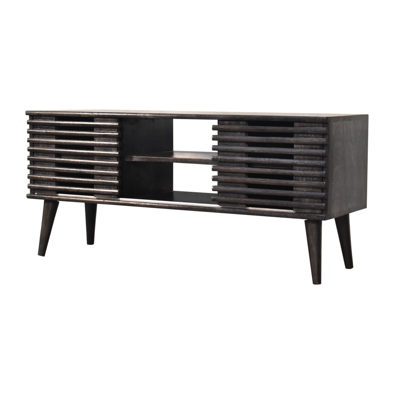 Solid Ash Black Finished Mango Wood Two Drawer Two Slots Slatted Front Kobe Console Table - Image 3