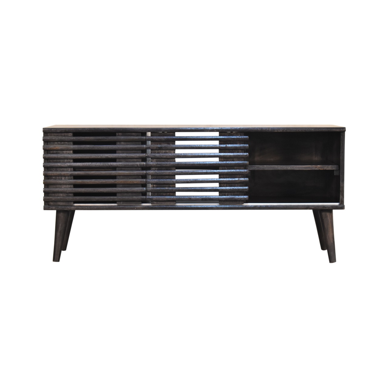 Solid Ash Black Finished Mango Wood Two Drawer Two Slots Slatted Front Kobe Console Table - Image 4