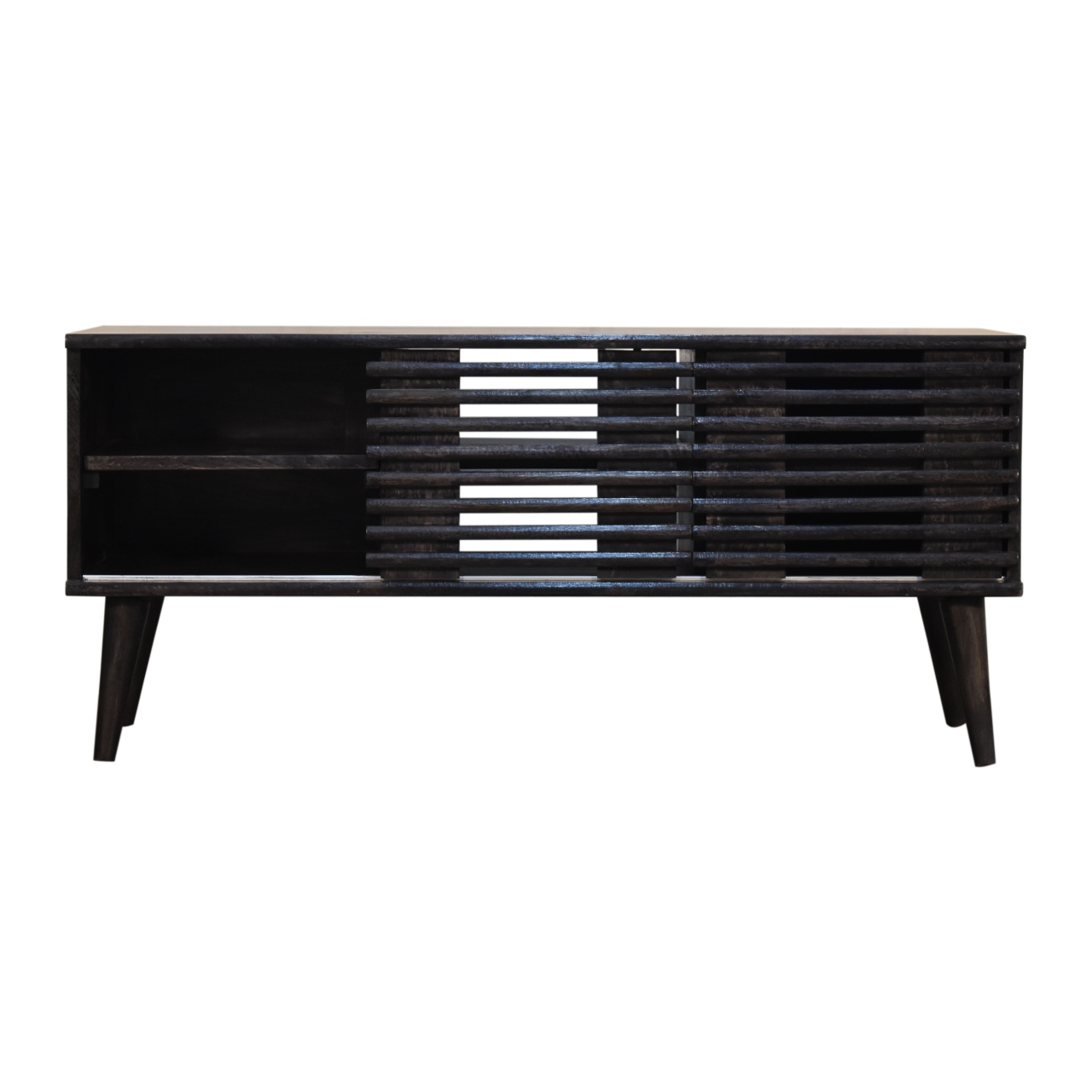 Solid Ash Black Finished Mango Wood Two Drawer Two Slots Slatted Front Kobe Console Table - Image 5