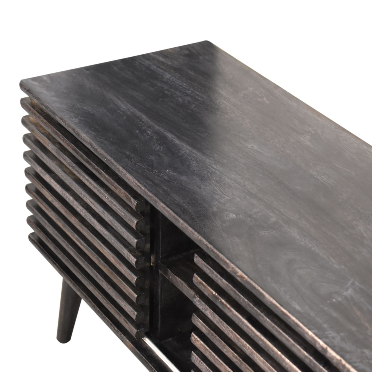 Solid Ash Black Finished Mango Wood Two Drawer Two Slots Slatted Front Kobe Console Table - Image 6