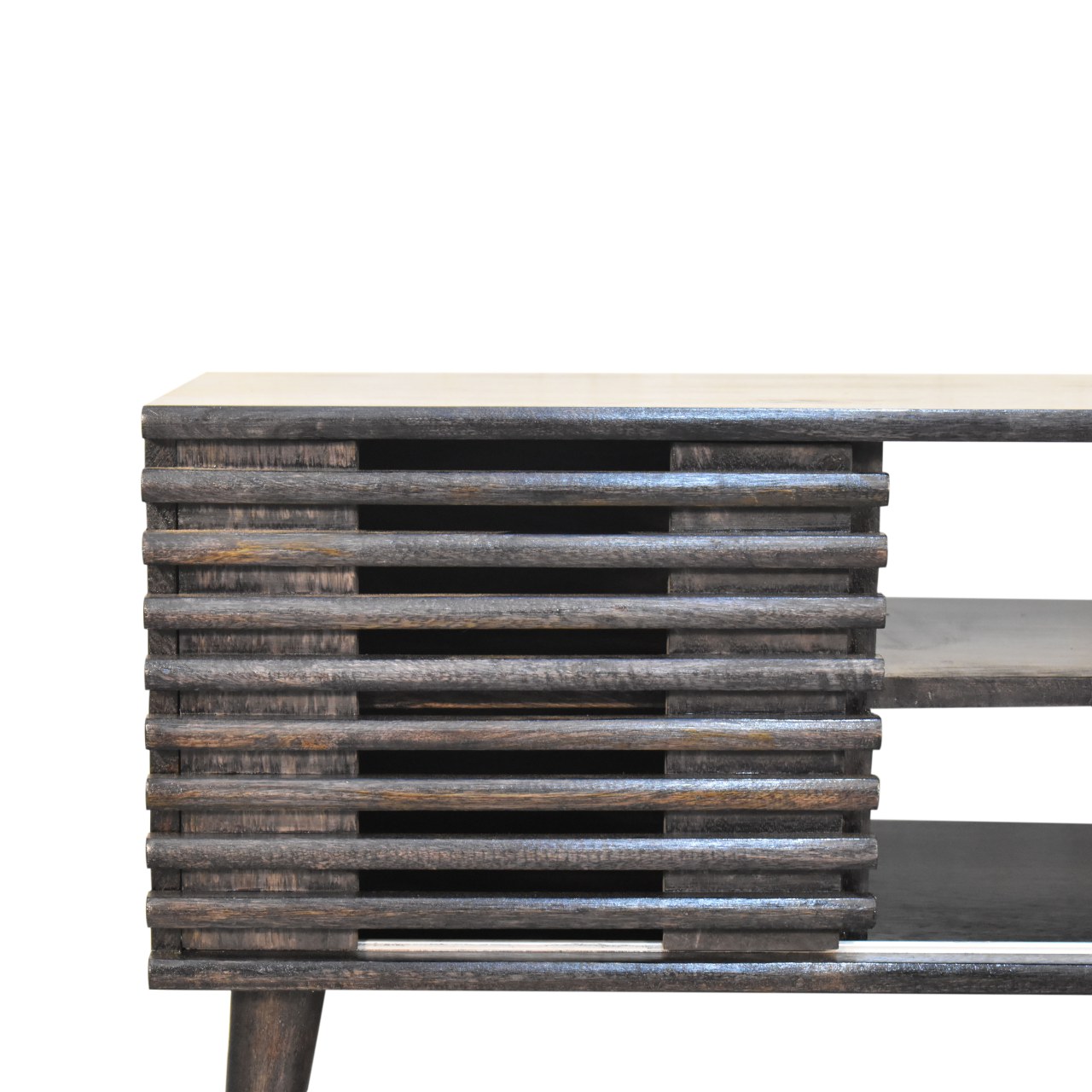 Solid Ash Black Finished Mango Wood Two Drawer Two Slots Slatted Front Kobe Console Table - Image 7