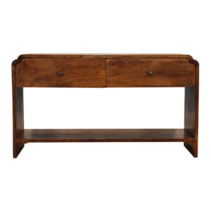 Solid Chestnut Finished Mango Wood Two Drawer One Slot Curved Top Newton Console Table