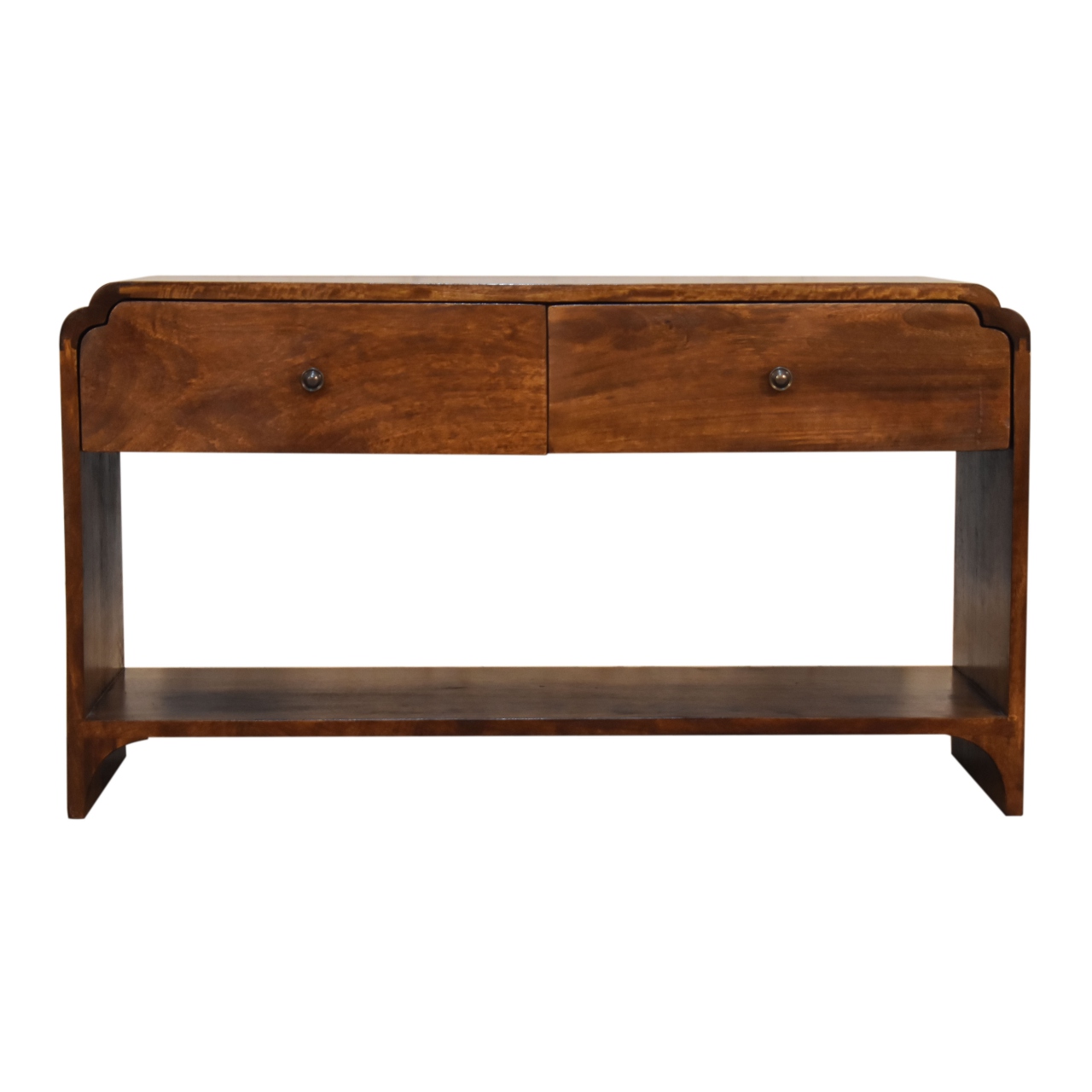 Solid Chestnut Finished Mango Wood Two Drawer One Slot Curved Top Newton Console Table