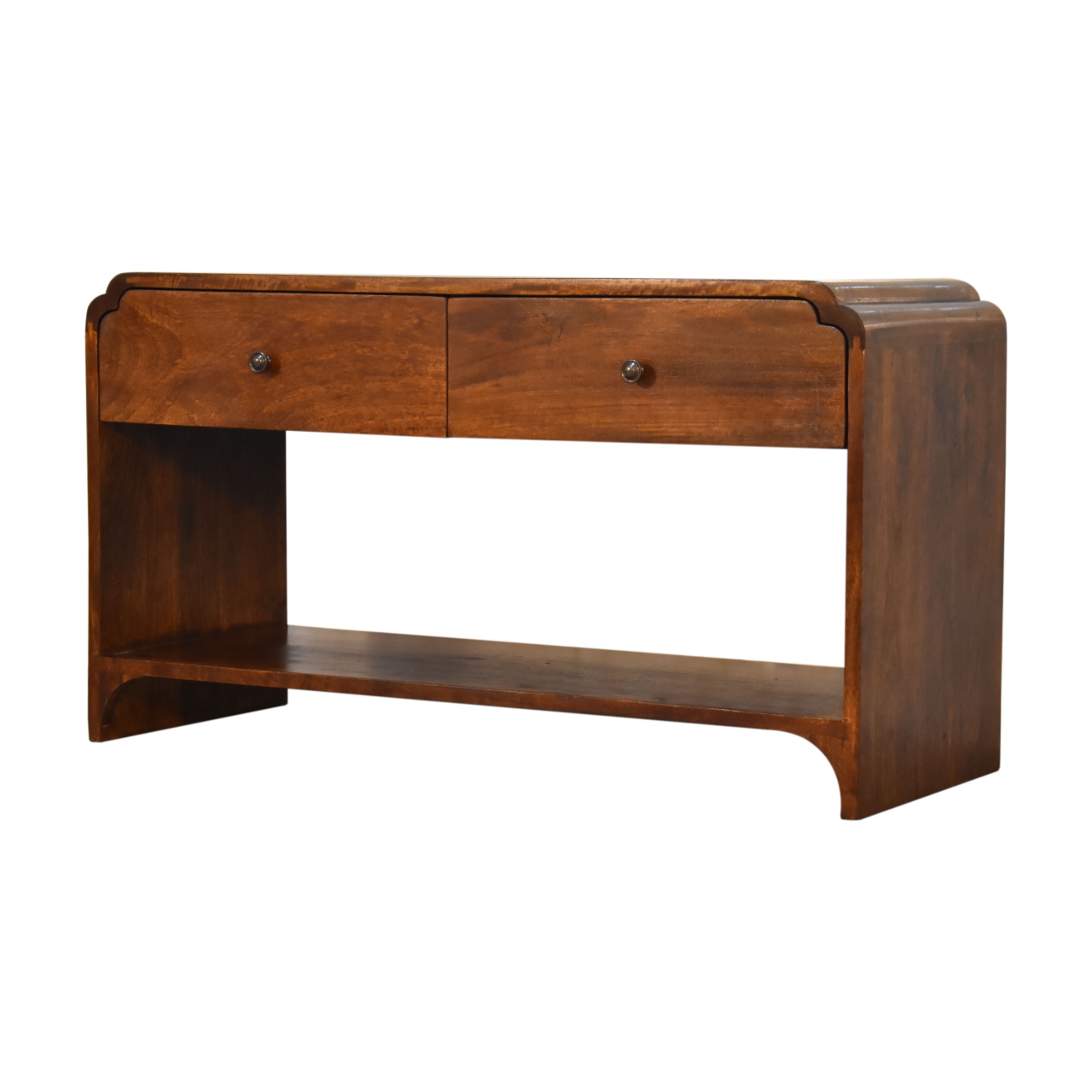 Solid Chestnut Finished Mango Wood Two Drawer One Slot Curved Top Newton Console Table - Image 2