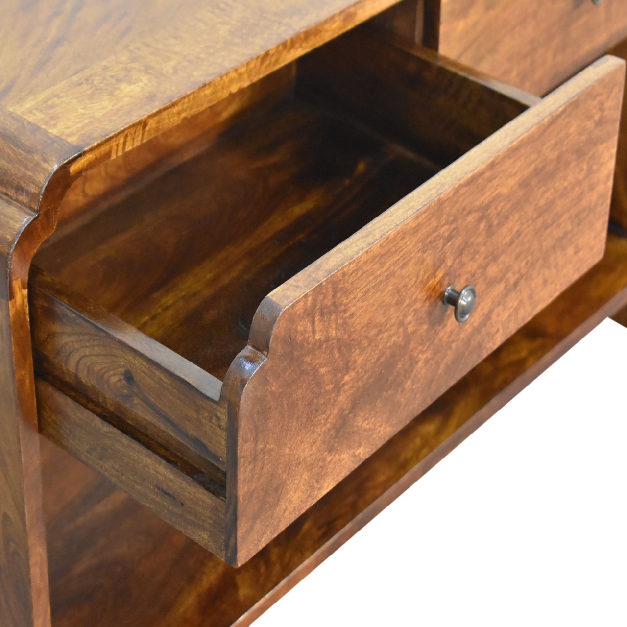 Solid Chestnut Finished Mango Wood Two Drawer One Slot Curved Top Newton Console Table - Image 5