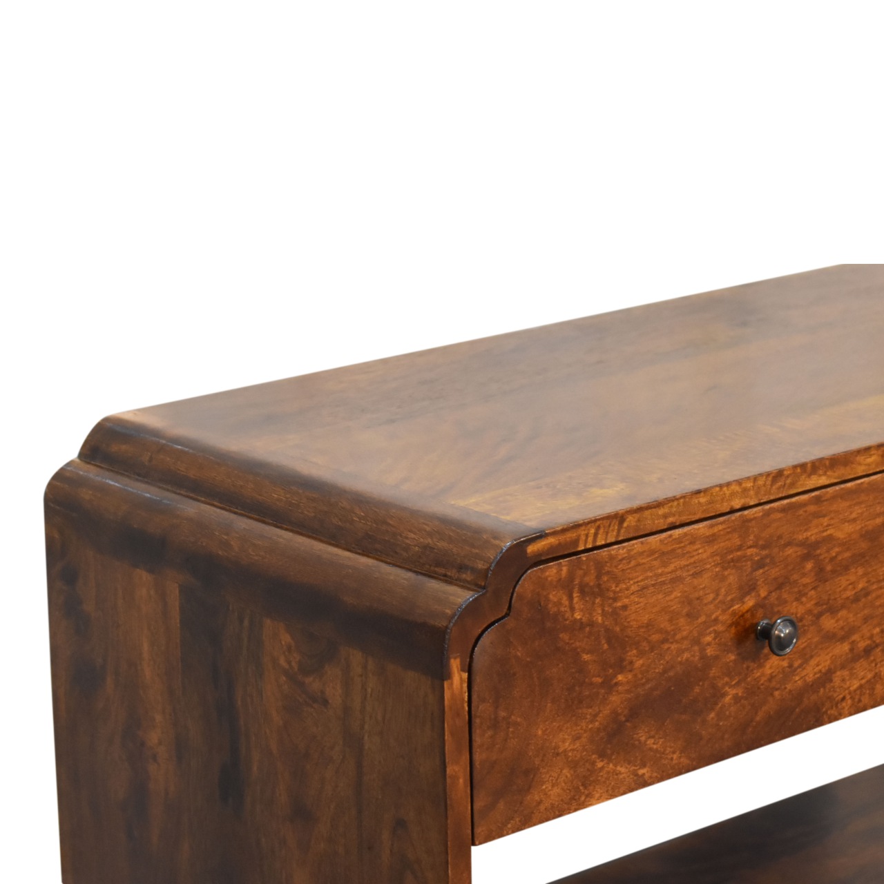 Solid Chestnut Finished Mango Wood Two Drawer One Slot Curved Top Newton Console Table - Image 6