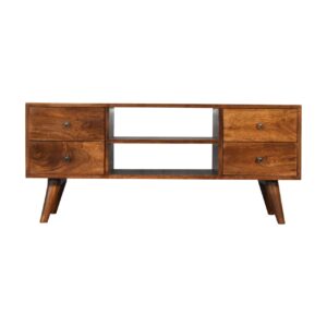 Solid Mango Wood Chestnut Finished 4 Drawer Scandinavian Style Media Unit