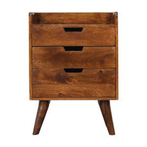 Solid Mango Wood Chestnut Finished 3 Drawer Gallery Back Bedside