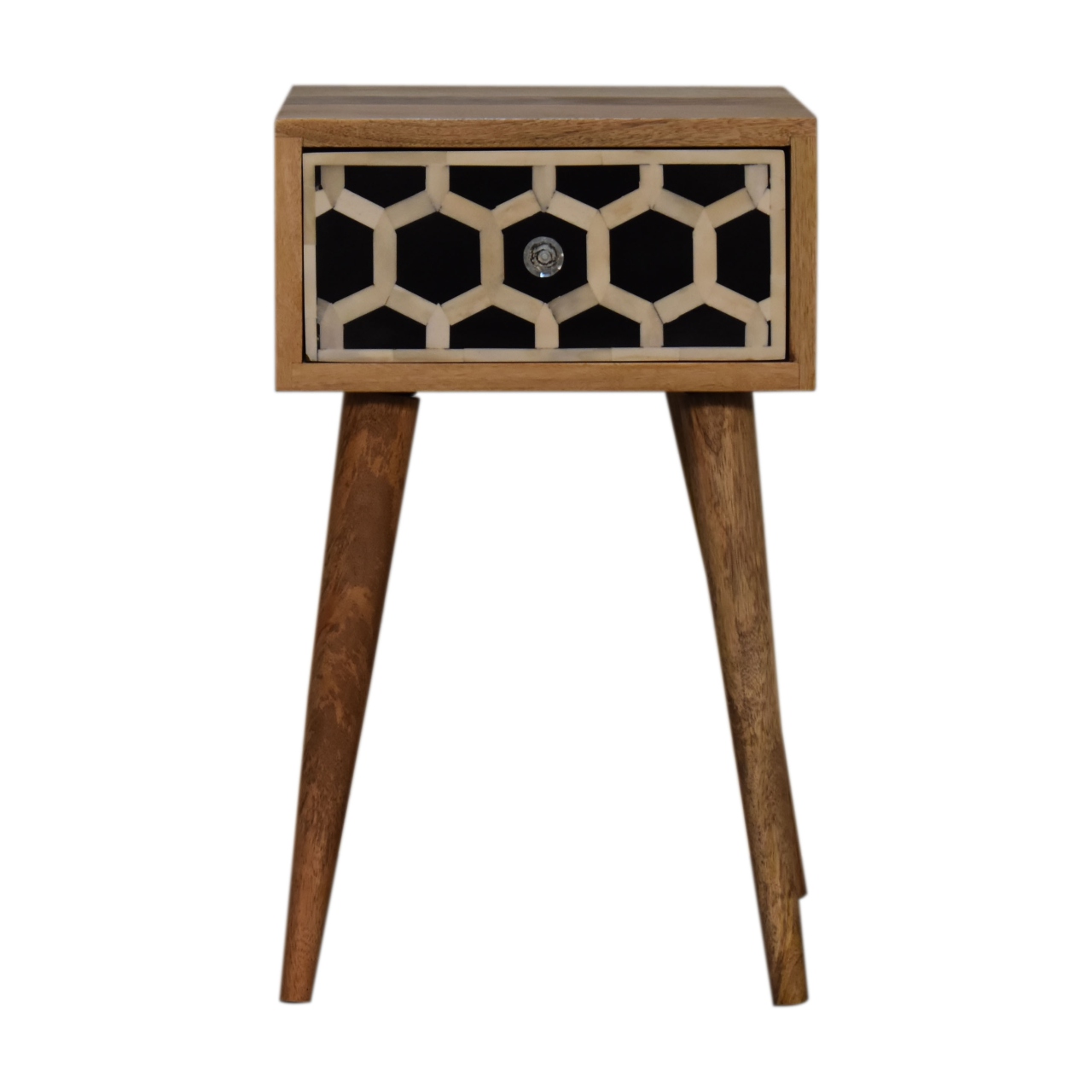 Solid Mango Wood Oak Finished Mini Bone Inlay 1 Drawer Bedside