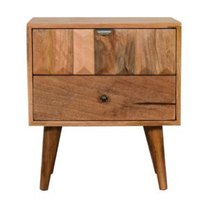 Solid Mango Wood Oak Finished Prism Carved 1 Drawer Bedside
