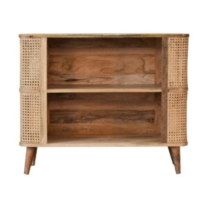 Solid Mango Wood Oak Finished with Rattan Double Open Cabinet