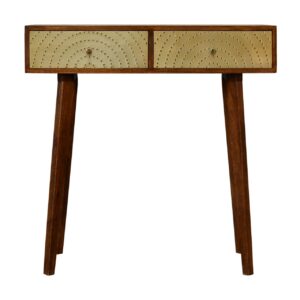 Solid Mango Wood Chestnut and Brass Finished 2 Drawer Console Table