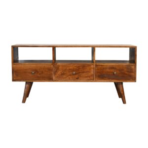 Solid Mango Wood Chestnut Finished 3 Drawer Scandinavian Style TV Media Unit