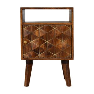 Solid Mango Wood Chestnut Finished Diamond Patterned 1 Door Bedside