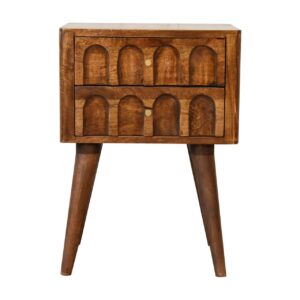 Solid Mango Wood Chestnut Finished Arch Carved 2 Drawer Bedside