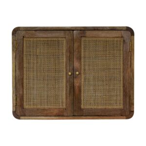 Solid Mango Wood Grey Finished Wall Mounted Rattan Fronted 2 Door Cabinet
