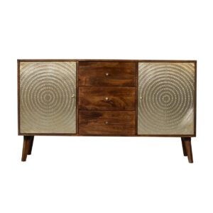 Solid Mango Wood Chestnut and Brass Finished 3 Drawer 2 Door Zen Sideboard