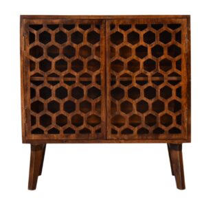 Solid Mango Wood Chestnut Finished Honeycomb Front 2 Door Cabinet