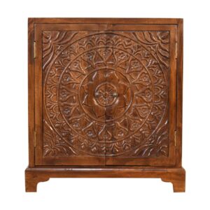 Solid Mango Wood Chestnut Finished Intricately Carved Tova 2 Door Cabinet