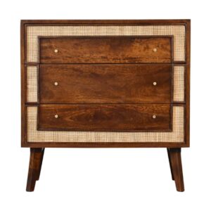 Solid Mango Wood Chestnut Finished Rattan Woven Square 3 Drawer Chest