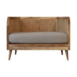 Solid Mango Wood Grey Tweed and Rattan Sofa