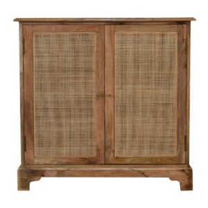 Solid Mango Wood Oak Finished Woven Front 2 Door Lounge Cabinet