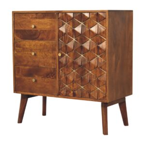 Solid Mango Wood Chestnut Cubed Brass Inlay 3 Drawer Cabinet