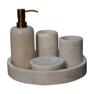 Mango Wood White Marble 5 Piece Bathroom Set